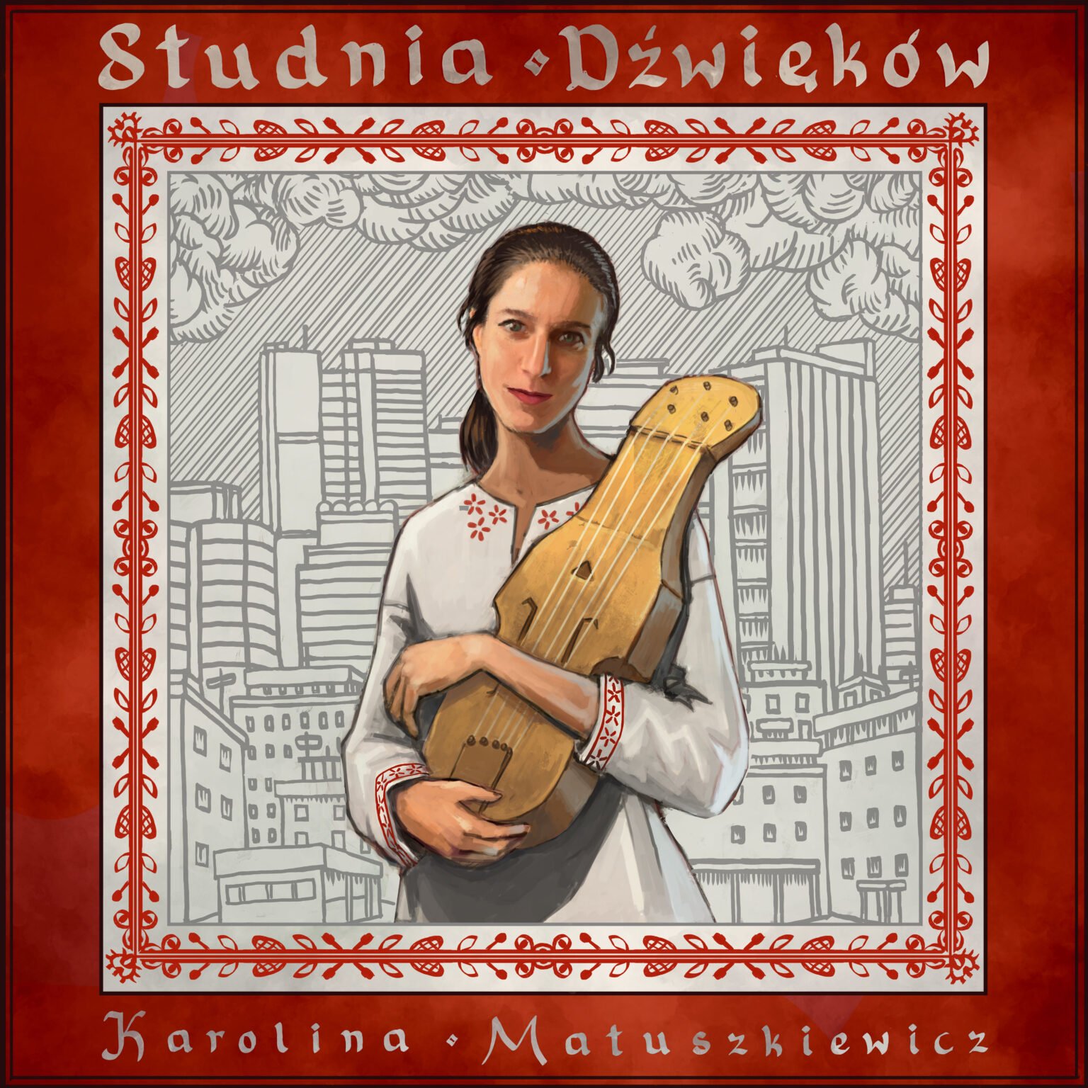 Okładka albumu „Studnia Dźwięków" Karoliny Matuszkiewicz z ilustracją artystki grającej na fideli płockiej